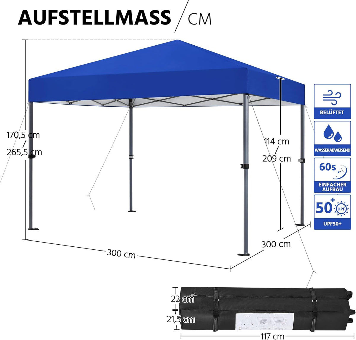 Pavillon pliable Yaheetech Pop-up 3 × 3 m, hauteur réglable de 170,5 à 265,5 cm, bleu