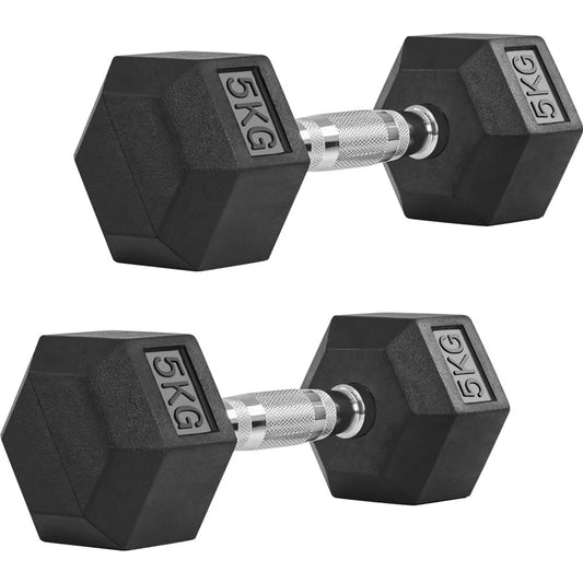 Lot de 2 haltères hexagonaux Yaheetech de 5 kg chacun - Noir - Haltères en caoutchouc avec poignées antidérapantes