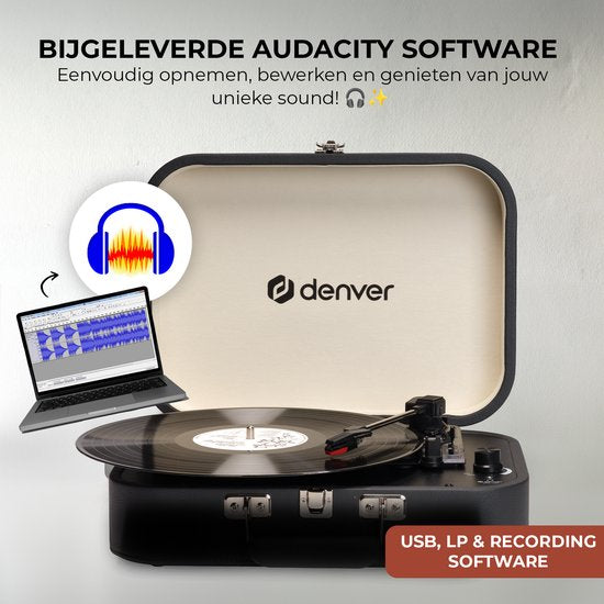 Denver Record Player - Haut-parleurs et amplificateur intégrés - Logiciel PC inclus - Auto-stop - Retro - VPL130