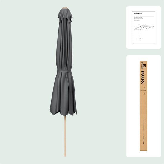 LifeGoods Parasol - Jardin - 270x180cm - 30° inclinable - Imperméable - UPF50+ - Revêtement en bois - Gris foncé