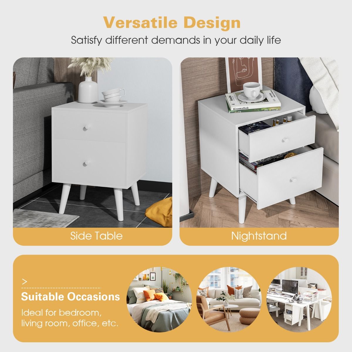 Coast Table de chevet 2 tiroirs 45x40x62 cm - Commode en bois blanc avec pieds en bois massif d'hévéa