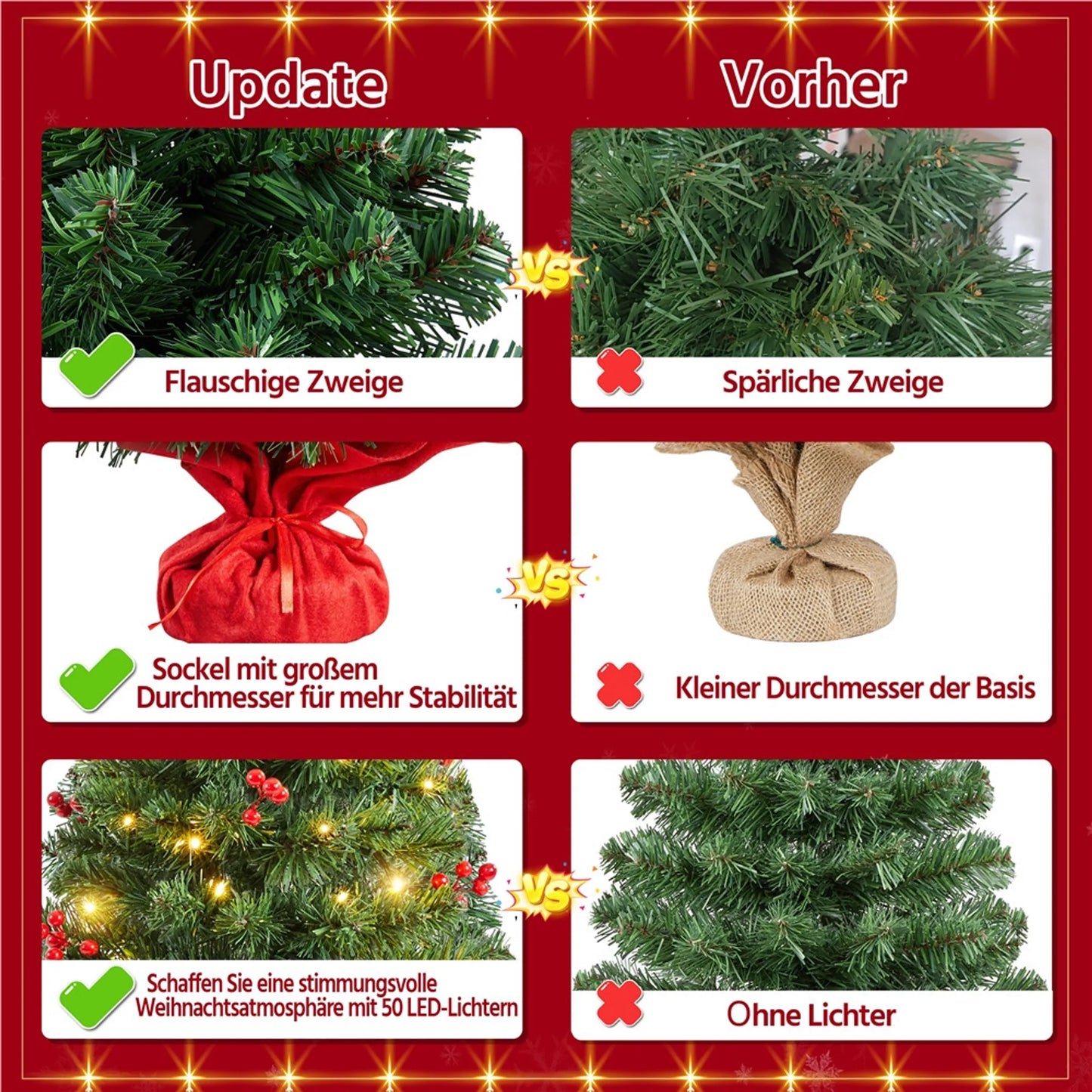 Yaheetech Sapin de Noël de table avec lumières - 48 x 48 x 90 cm - équipé de 50 lumières LED et de 60 baies rouges et d'une base en béton avec tissu rouge - pour le buffet et le bureau - PVC vert et béton