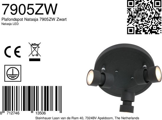Spot Natasja 7905ZW : spot rond noir à 3 lampes avec ampoules GU10 de Steinhauer, en métal, diamètre 27,5 cm, orientable et inclinable, design moderne