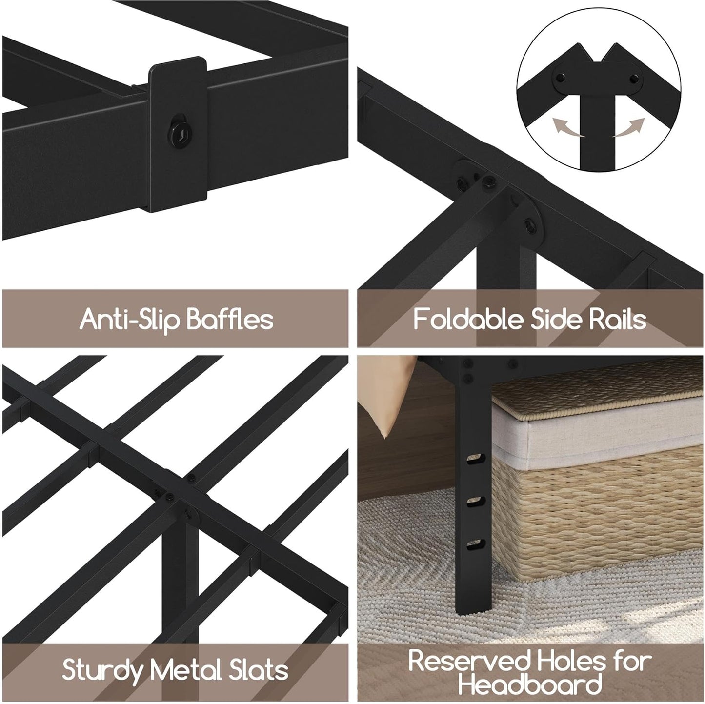 Cadre de lit en métal Yaheetech 135 x 190 cm – Noir – 135 x 190 x 41,5 cm – Avec sommier à lattes en acier et espace de rangement