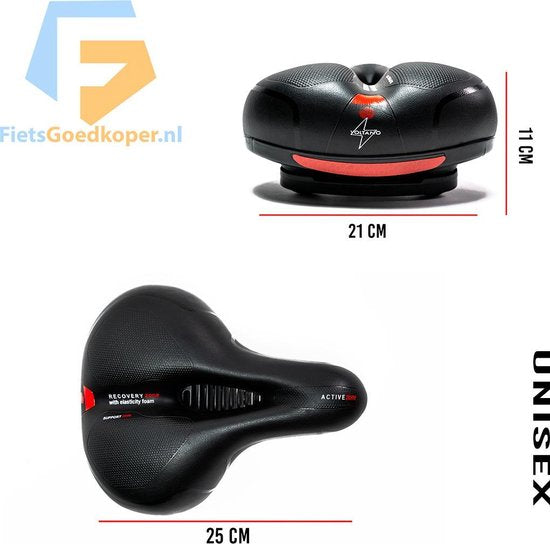 Selle de vélo Voltano avec coussinets en gel - Noir/Rouge - Découpe - Suspension - Unisexe - Sangle de selle incluse