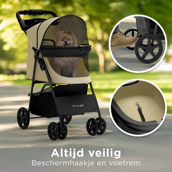 TrevoPet® Poussette pliable pour chien - Pour les petits et moyens chiens jusqu'à 15 kg - Poussette avec porte-gobelet et grand panier de rangement - Beige