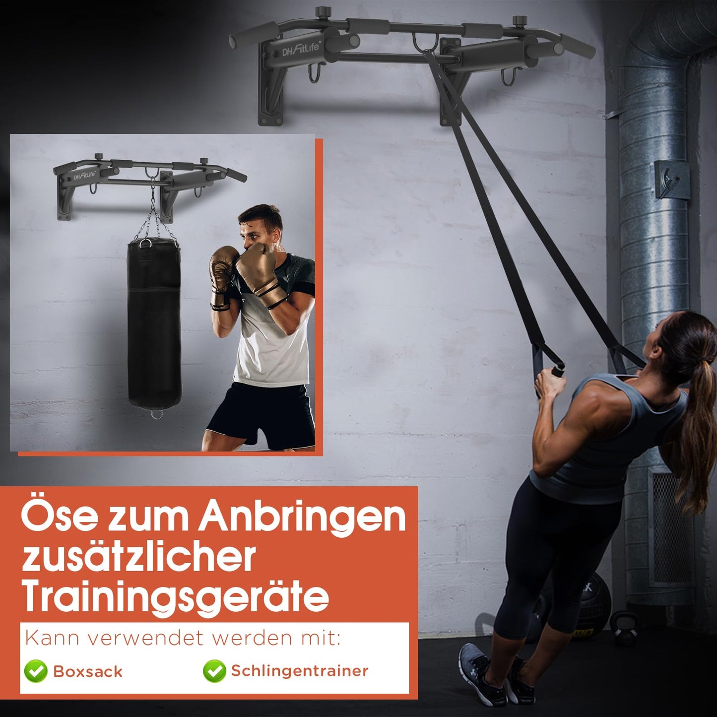 Barre de traction DH FitLife - 4 en 1 - Fixation murale - 200 kg - 100 x 26 cm - Noir