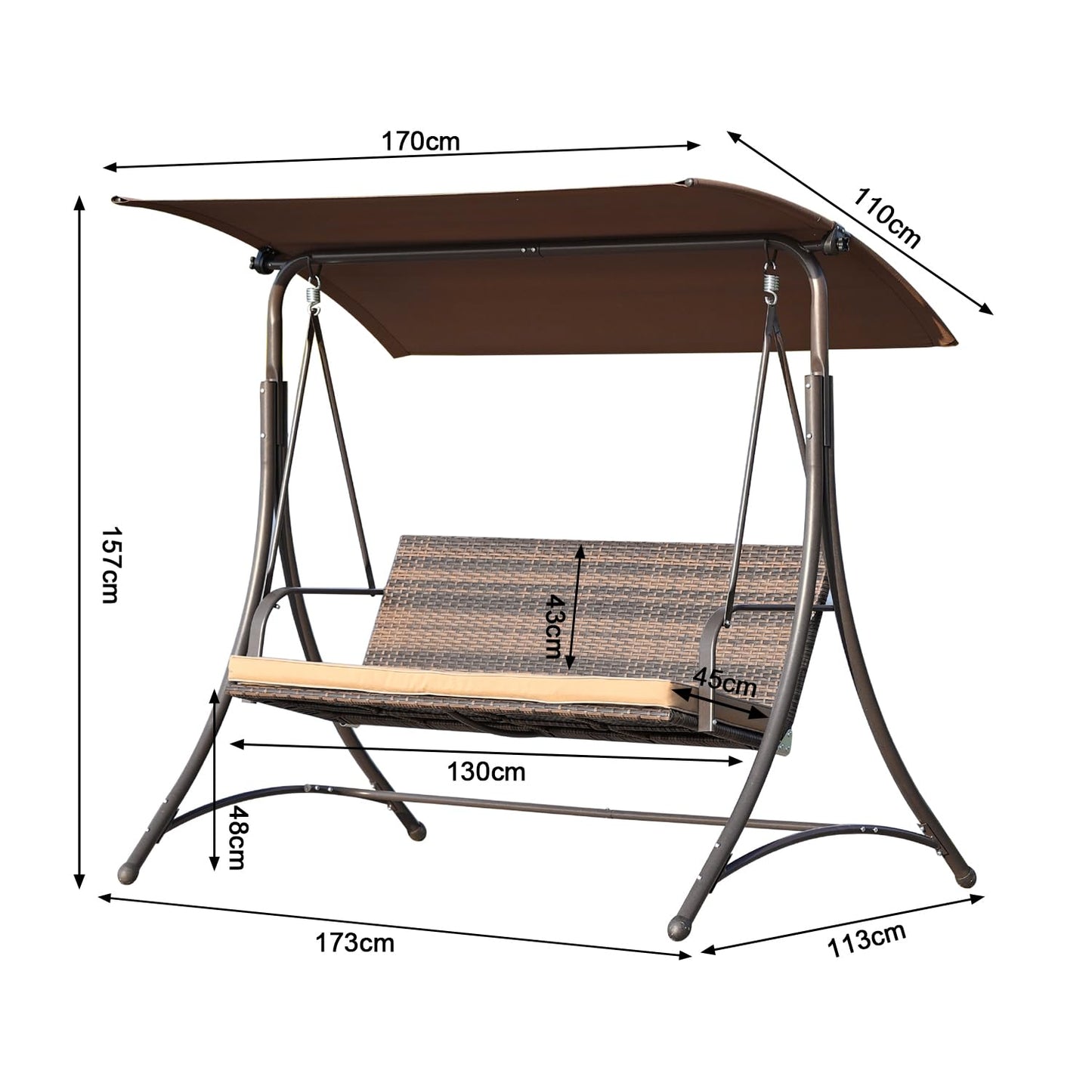 Angel Living - Balançoire Hollywood - Balançoire de jardin en rotin 3 places - Auvent réglable - Marron - 170 x 110 x 152 cm