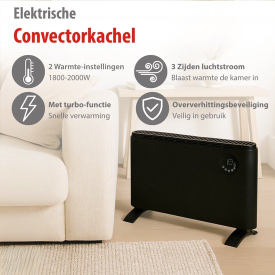 Radiateur électrique Alpina 2000 W - Radiateur électrique à convection - Radiateur avec thermostat réglable et 3 niveaux de chaleur - À poser ou à fixer au mur - Noir