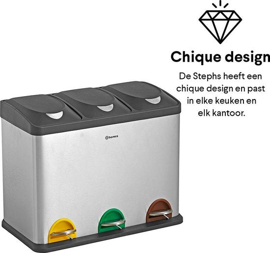 Poubelle de tri sélectif Homra STEPHS - 3 compartiments - 45L - acier inoxydable