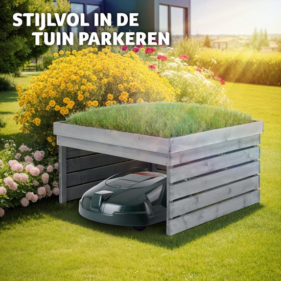 tectake® Garage pour tondeuse robotisée - Boîtier en bois avec toit vert, jardinière, bac à fleurs - Rangement de jardin pour tondeuse - Résistant aux intempéries et aux UV - 84 x 78 x 46 cm