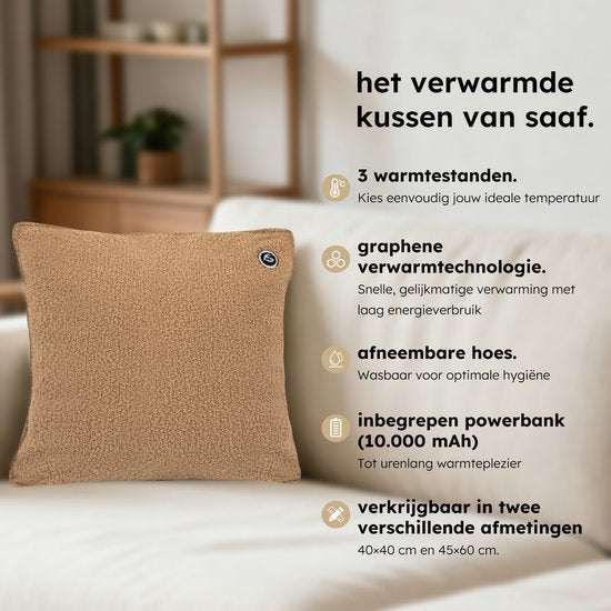 Coussin chauffant - 3 niveaux de chaleur - Coussin chauffant rechargeable - 10k mAh Powerbank - Sans fil - Coussin chauffant - 40 x 40 - Bouclé Taupe - Saaf Comfort