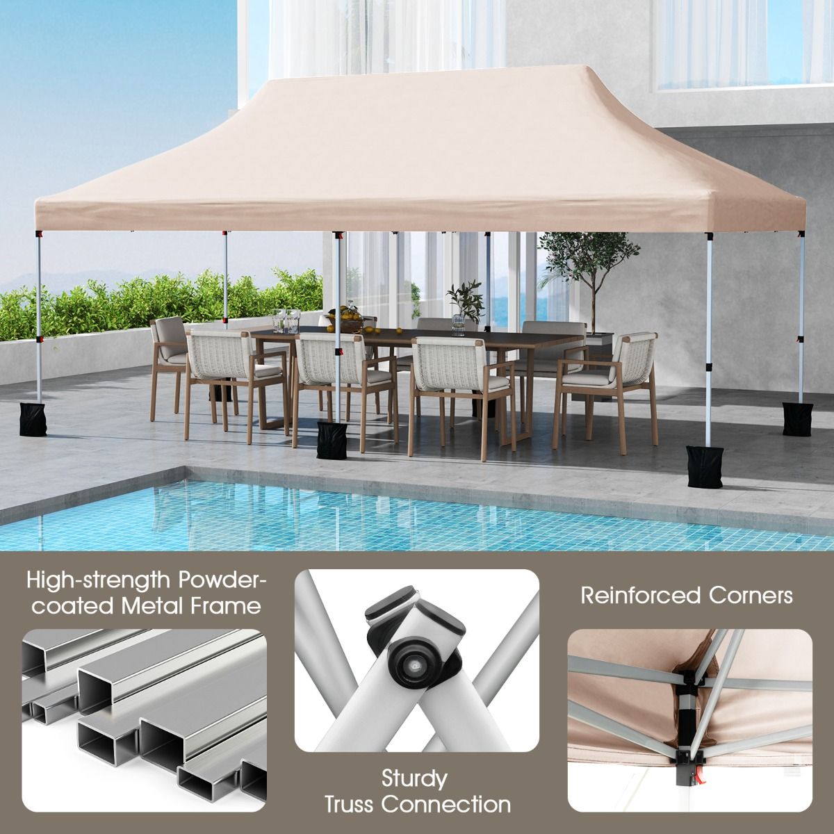Pavillon de jardin pliable Coast - Tente de fête imperméable - Protection solaire - 300 x 600 cm - Beige