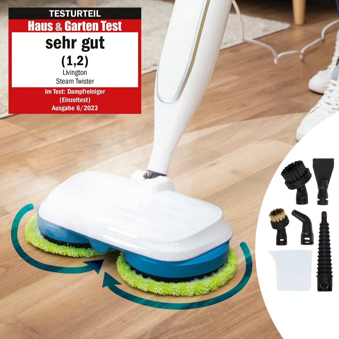 Nettoyeur vapeur Livington Steam Twister - Tête de nettoyage rotative - Réglage de la vapeur en 3 niveaux - Accessoires inclus
