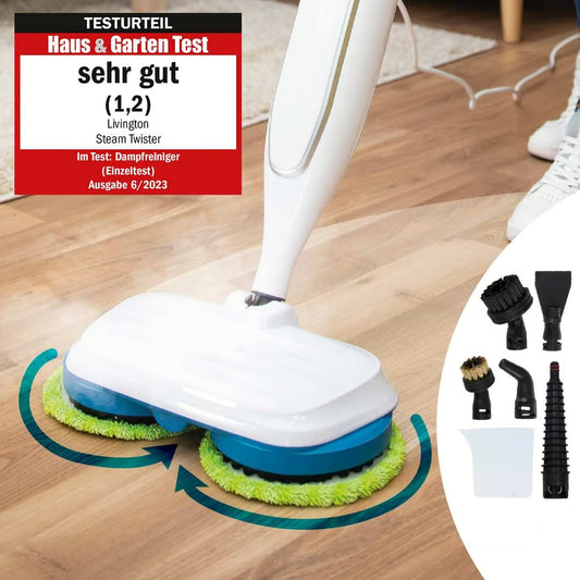 Nettoyeur vapeur Livington Steam Twister - Tête de nettoyage rotative - Réglage de la vapeur en 3 niveaux - Accessoires inclus