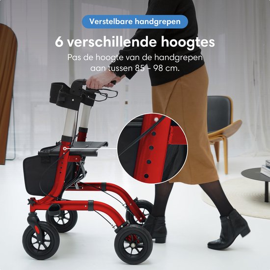 Safe Life® Rollator léger et pliable - fonction assise - pour l'intérieur et l'extérieur - dossier et support de canne - Rouge
