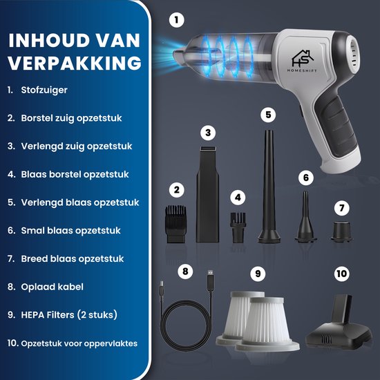 HomeShift® Aspirateur de voiture sans fil V2 - Aspirateur à miettes - Aspirateur à main - Petit aspirateur - Aspirateur sans fil - Air Duster - Wet & Dry - Gris