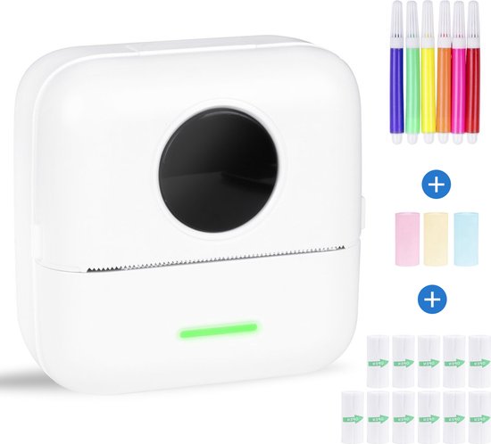 Mini imprimante pour mobile - 6 rouleaux de papier, 5 rouleaux d'autocollants, 3 rouleaux de couleur et stylos de couleur inclus - Imprimante mobile de poche - Sans encre - Sans fil - Blanc