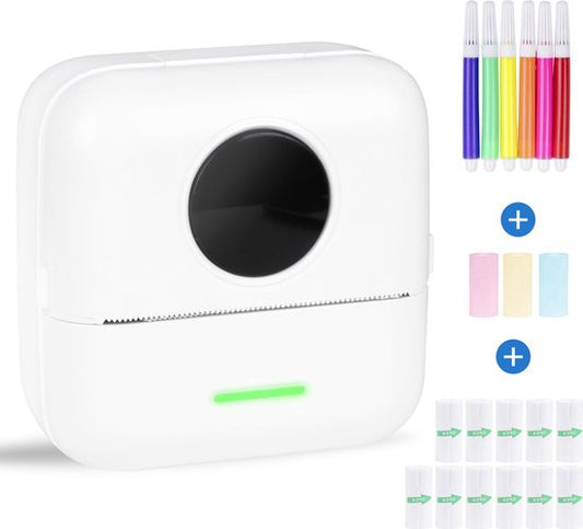 Mini imprimante pour mobile - 6 rouleaux de papier, 5 rouleaux d'autocollants, 3 rouleaux de couleur et stylos de couleur inclus - Imprimante mobile de poche - Sans encre - Sans fil - Blanc