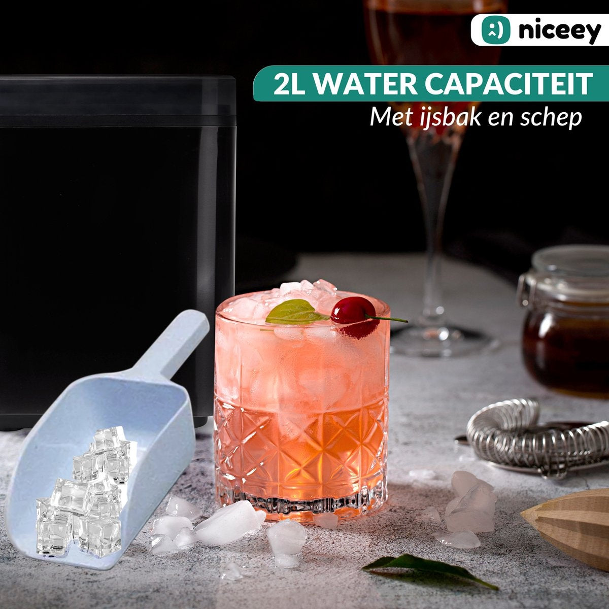 Machine à glaçons Niceey, 2 litres, en 6-8 min, 12kg/24h, avec cuillère à glace, Noir