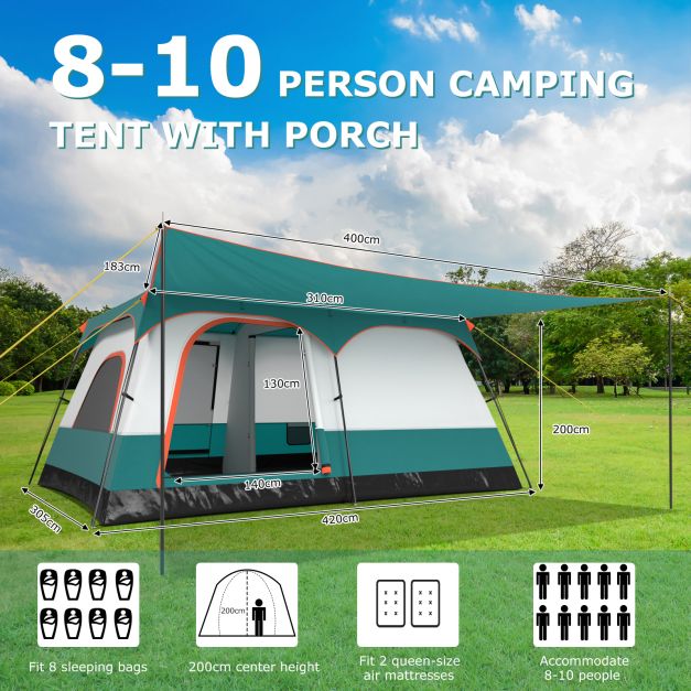 Costway Tente de camping - Pour 8-10 personnes - 420 x 305 x 200 cm - Bleu/vert