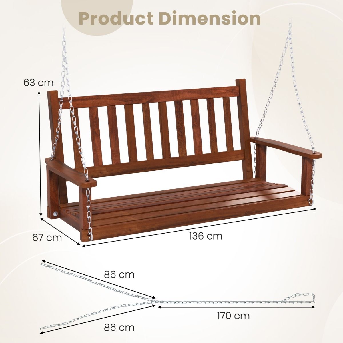 Balançoire / banc suspendu Coast 2 places en bois pour l'extérieur - 136 x 67 x 63 cm, marron, capacité 230 kg