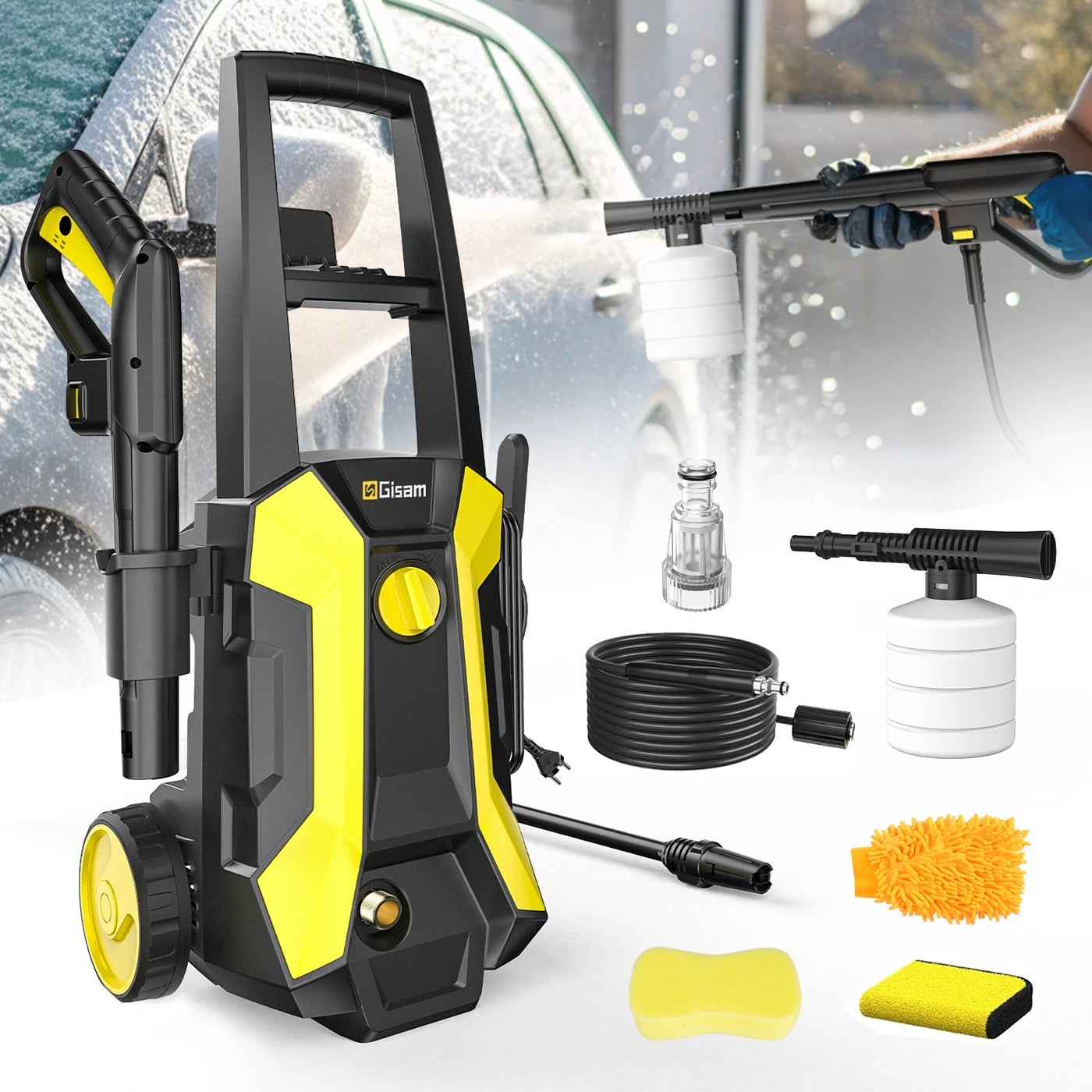 Nettoyeur haute pression Gisam 2200 W, 180 bars, 480 l/h - Tuyau de 8 mètres - IPX5 - Jaune