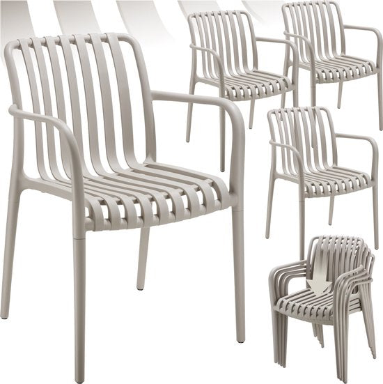 tectake® Lot de 4 chaises de jardin Alcudia - Taupe - Chaises en plastique avec accoudoir - Empilables - Chaises pour jardin, terrasse ou balcon - Résistantes aux intempéries et aux UV - Capacité 120kg par chaise de jardin