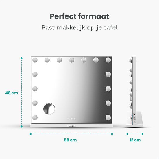 Mirlux Hollywood Mirror 58x48CM - Bluetooth Mirror with 2 Speakers - Make Up Mirror with Lighting - 15x LED Lamps - 3 Light Modes - 10x Magnification - Hollywood Mirror with USB & USB-C - Luxury White Make-Up Mirror for Dressing Table or Bathroom