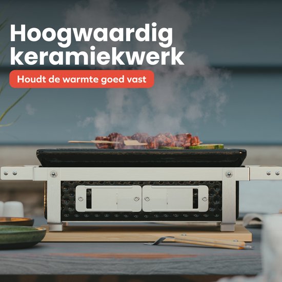 KitchenBrothers Kamado Hibachi Grill - Sans PFAS - Avec grille et bâtons - Barbecue au charbon de bois - Grill de table Shichirin - Barbecue rectangulaire - Barbecue en céramique - Noir