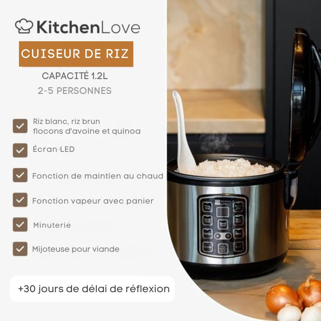 Cuiseur de riz à la vapeur - KitchenLove - 1.2L - Multicooker - Slow Cooker - 2 à 5 personnes - Acier inoxydable noir