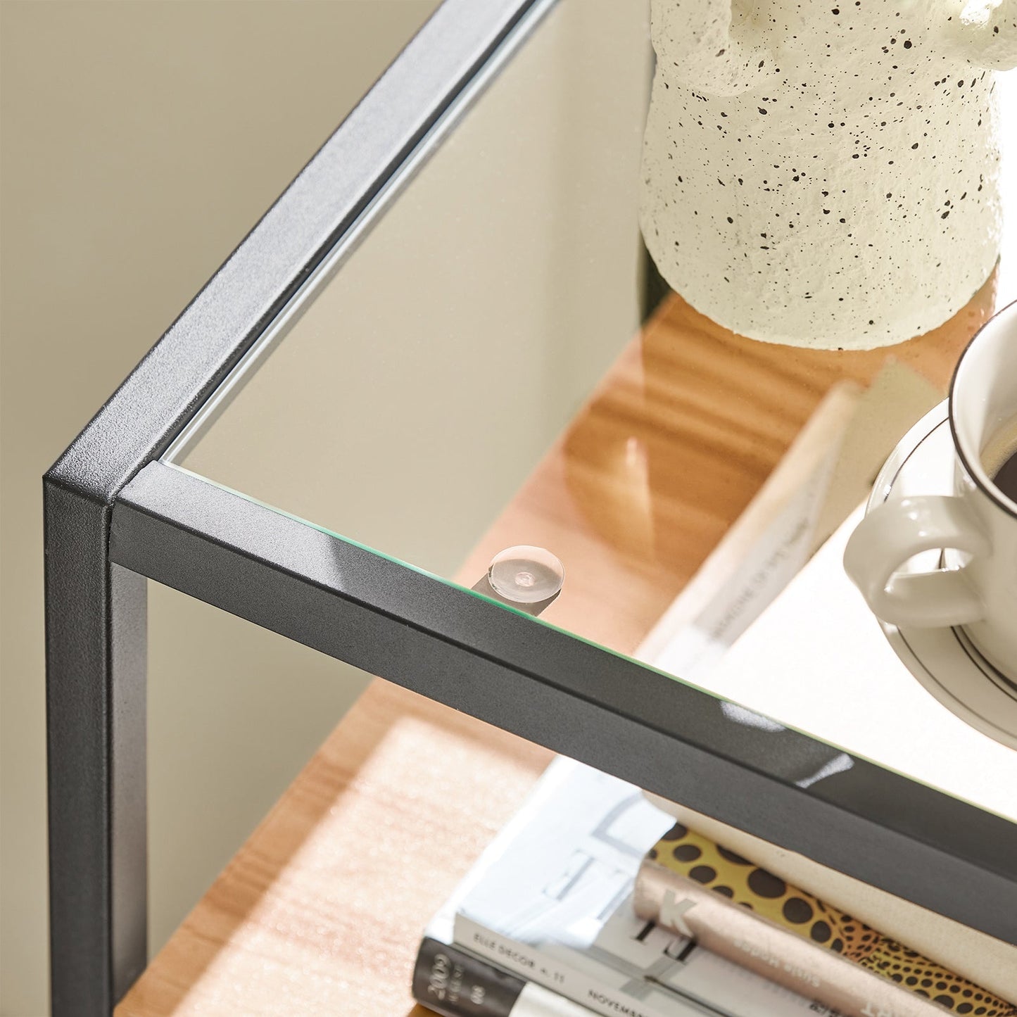 SoBuy Table d'appoint avec plateau en verre - Avec 2 tiroirs - Max. 40 kg - 81 x 35 x 78 cm - Bois/ Fer