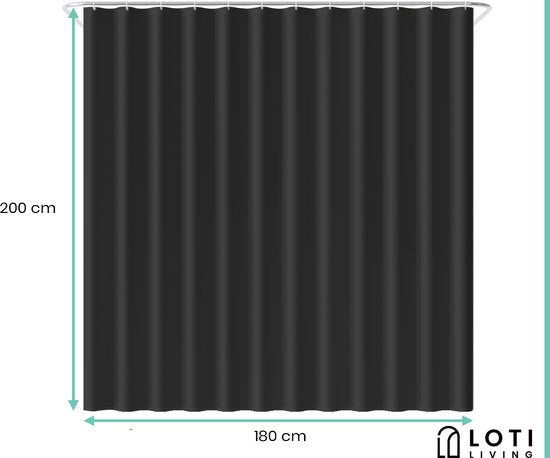 Loti Living Rideau de douche anti-moisissure - Noir - Anneaux inclus - Imperméable - Polyester - Rideau de douche 180x200 cm