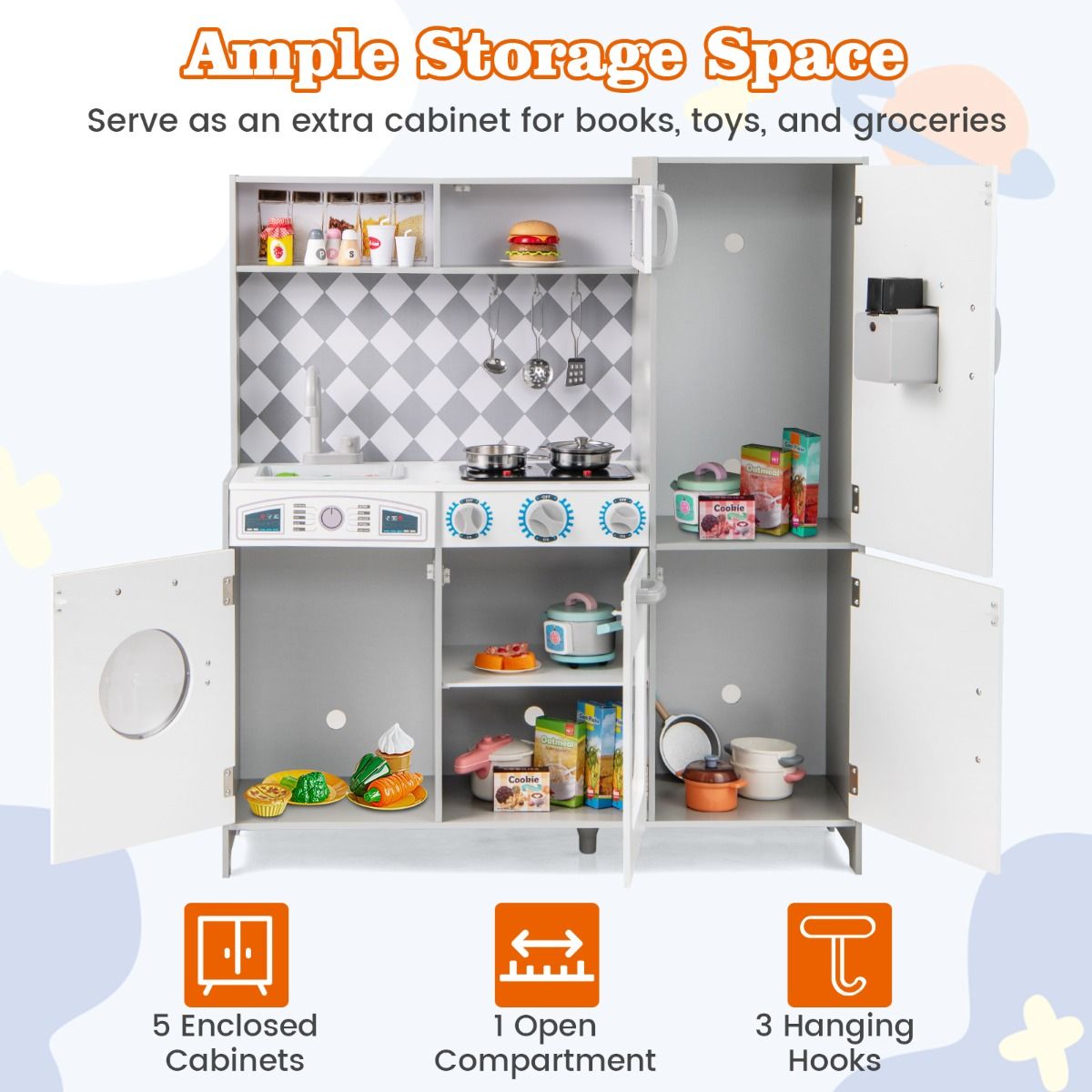 Coast - Wooden Play Kitchen XXL - Cuisinière avec son et lumière, machine à glaçons, machine à laver - 91 x 30 x 102 cm - MDF/Plastic - Blanc