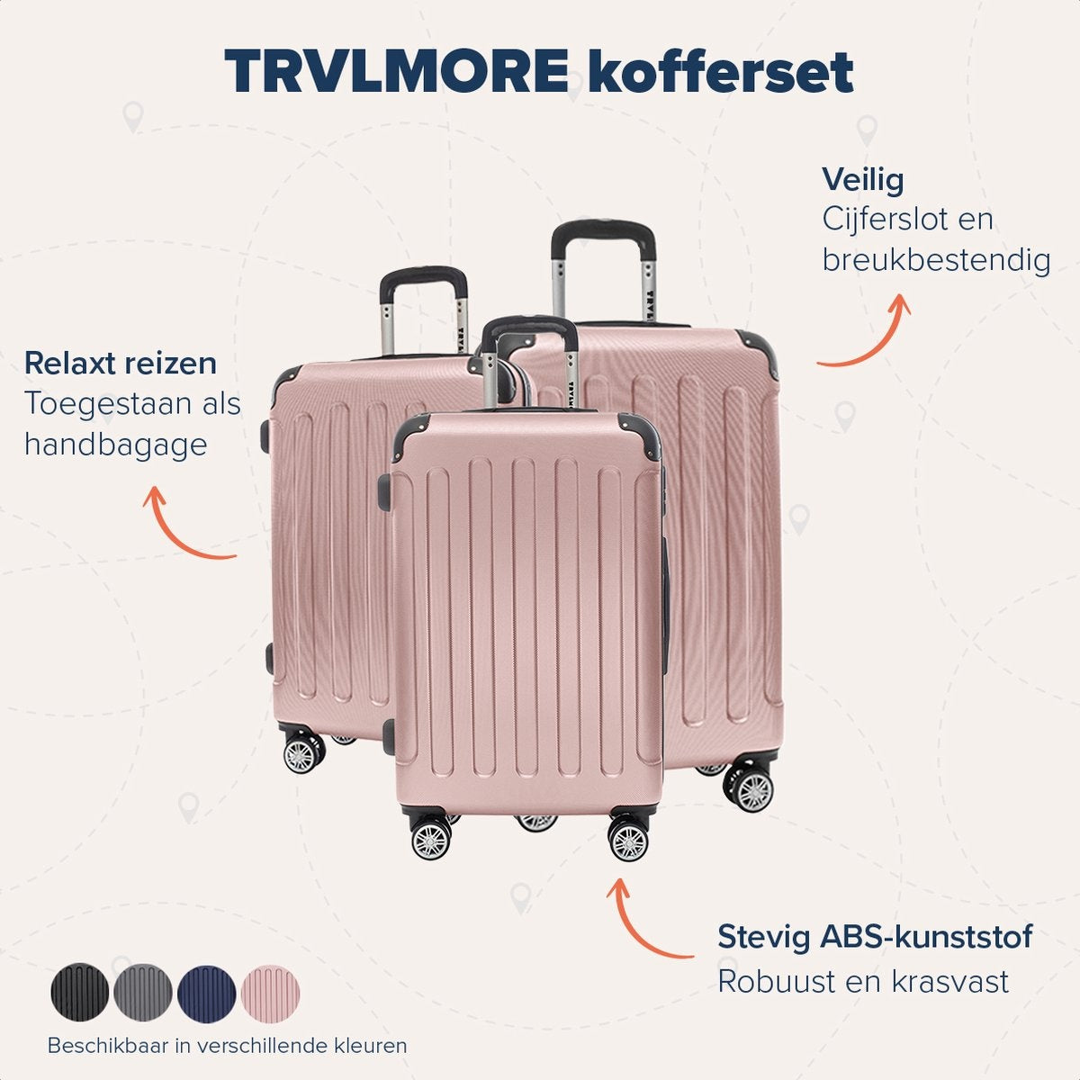 Lot de 3 valises TRVLMORE - Grande Taille Valise soute - 38L (bagage à main) + 70L + 110L - Rose Gold