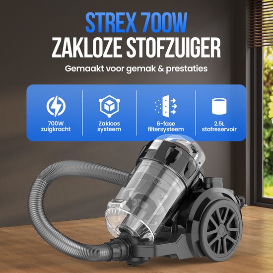 Strex Aspirateur sans sac - Aspirateur sans sac puissant de 700W - Filtre HEPA - Bac à poussière de 2,5L - Cordon extra long - 4 accessoires inclus