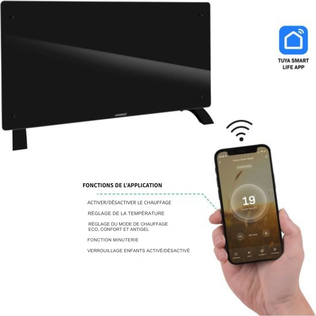 Chauffage électrique de luxe VONROC  - Convecteur avec panneau en verre - 1250W/2500W- Chauffe les pièces jusqu'à 30m2 - Contrôlé par l'application (via Wifi) et manuellement - Thermostat et minuterie réglables - Noir