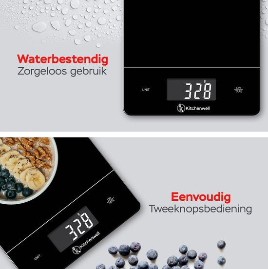 Kitchenwell Balance de cuisine numérique de précision - Balance de cuisine - 1gr - 15kg - Fonction tare - Rechargeable par USB - Noir