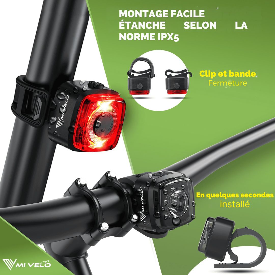 Kit d'éclairage LED Mivelo - pour vélo 'Cube Pro' rechargeable par USB avec feu de freinage - Noir