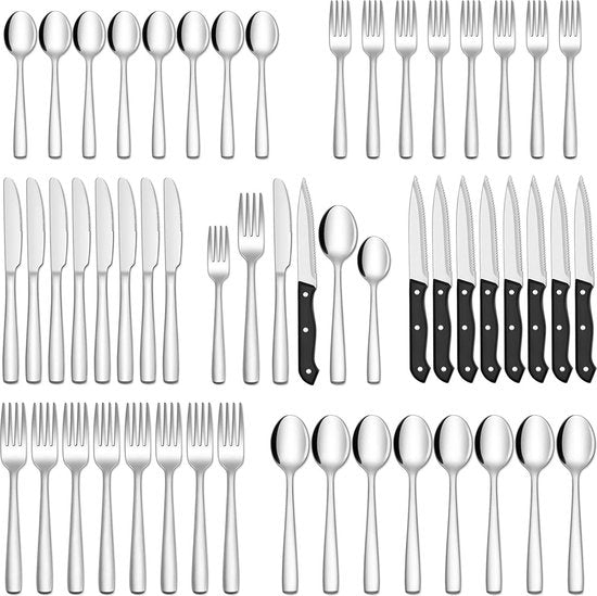 Deleca 8 Person Cutlery Set (48 pieces) - Spoons, Knives, Forks & Steak Knives - Lavable au lave-vaisselle - Silver/Stainless Steel