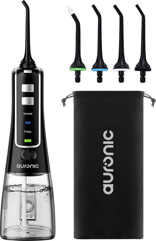 Auronic Water Flosser - électrique - bain de bouche - 3 étapes - 4 buses - 300 ml - noir