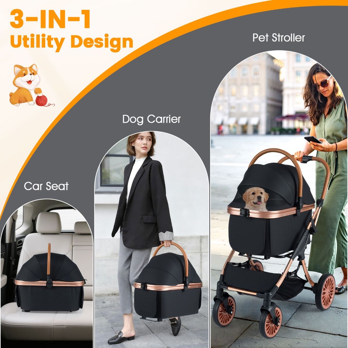 Poussette pour animaux de compagnie Coast 3-en-1 - Pliable - Panier amovible - Noir 89 x 61 x 101 cm