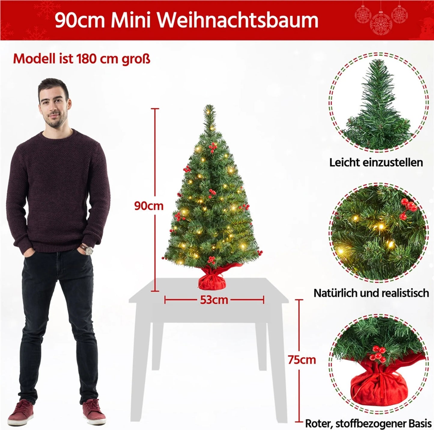 Yaheetech Sapin de Noël de table avec lumières - 48 x 48 x 90 cm - équipé de 50 lumières LED et de 60 baies rouges et d'une base en béton avec tissu rouge - pour le buffet et le bureau - PVC vert et béton