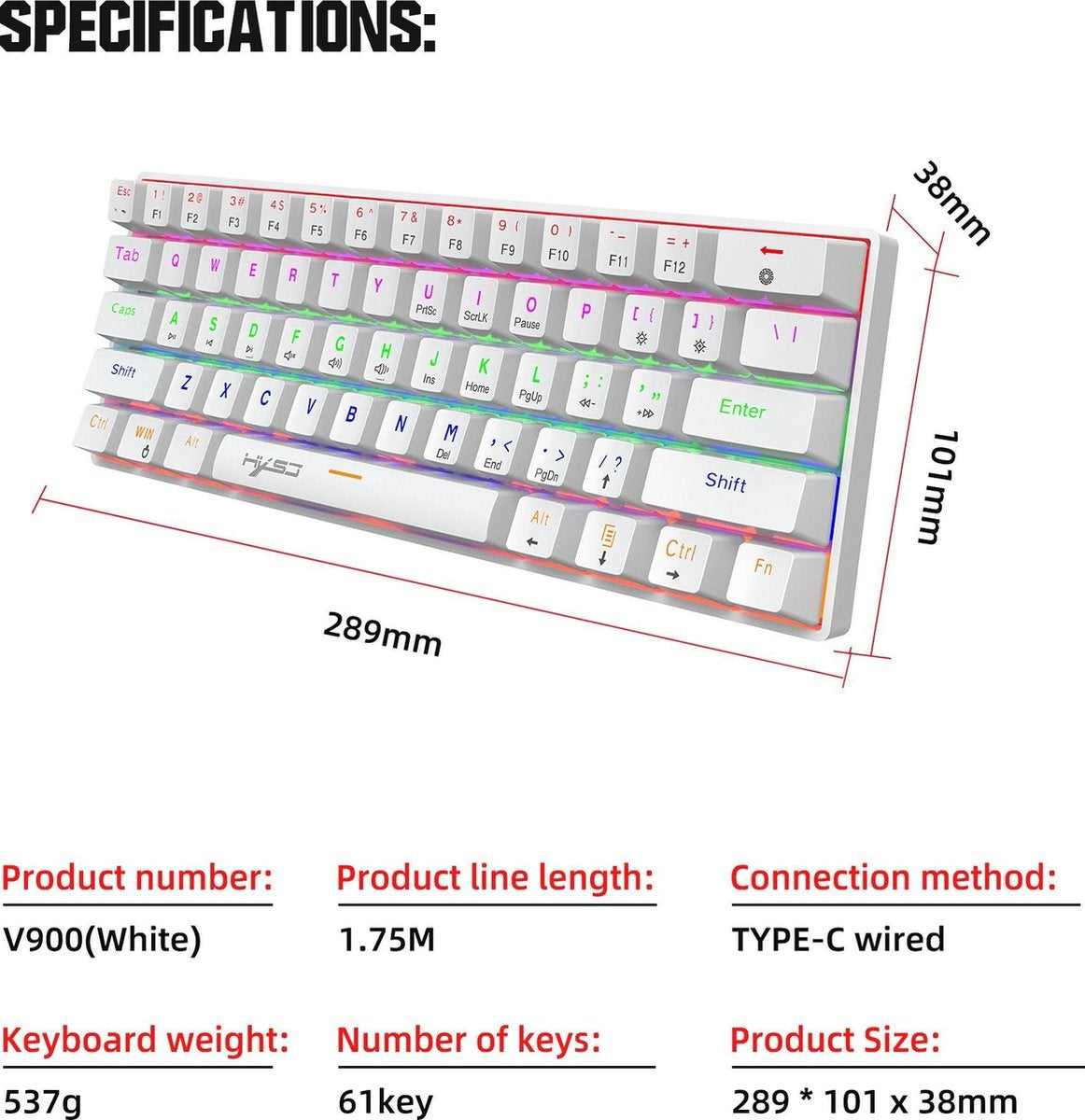HXSJ V900 - Wired Mechanical Gaming Keyboard - RGB Lighting - Ergonomic - QWERTY - 61 Keys - Blue Switch - White