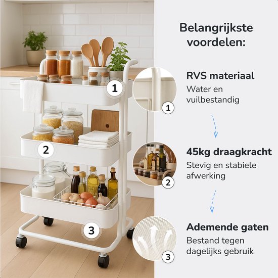 Chariot de cuisine à roulettes - 3 étages - Étagère de cuisine - Chariot de service - Armoire - Chariot - Rangement - Armoires de douche sur pied - Étagère - Blanc - Luft