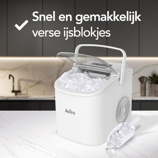 Machine à glaçons Aviro - 1,3 L - Avec cuillère à glace - Fonction d'auto-nettoyage - 12 kg / 24 h - 9 glaçons / 6 min - Blanc