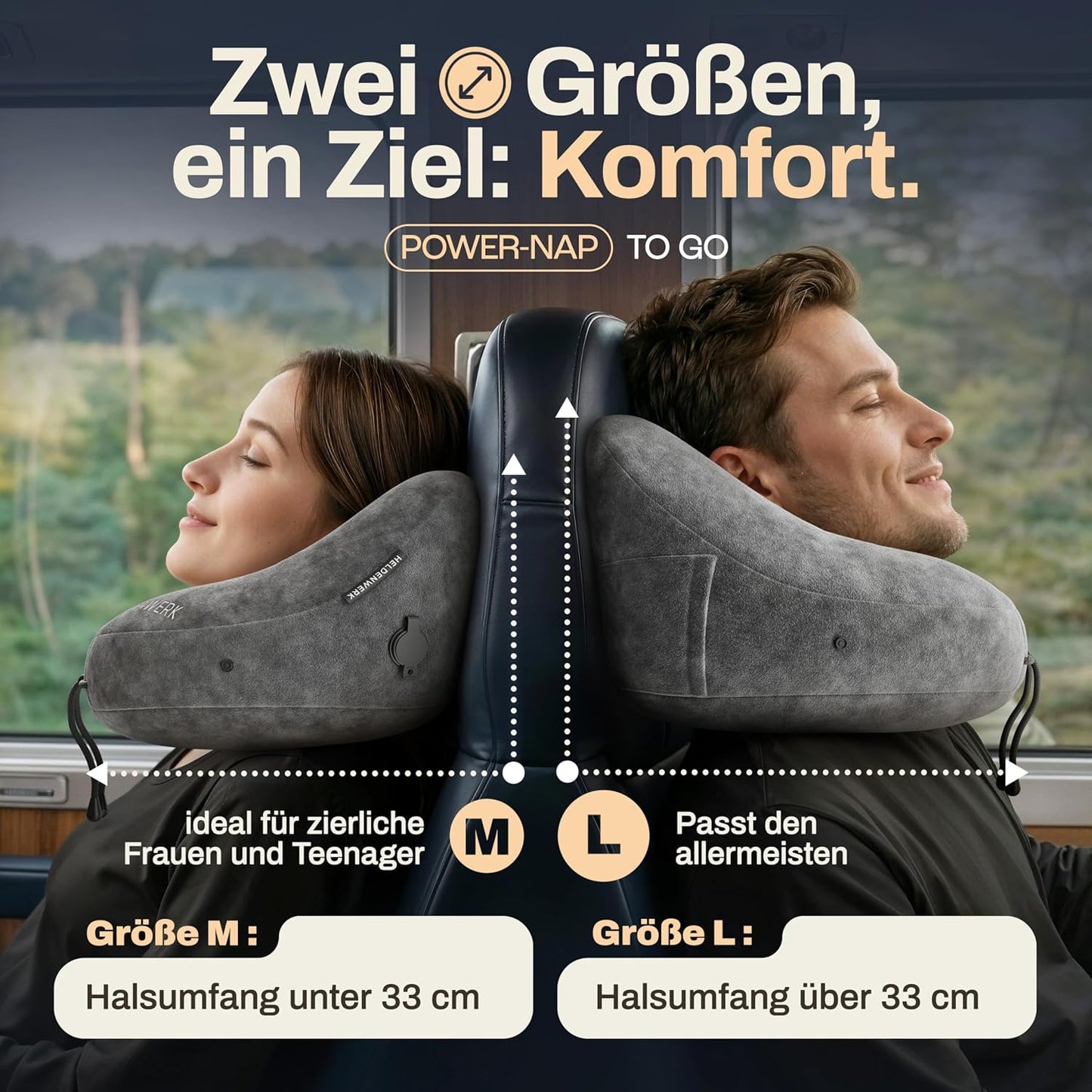 Oreiller gonflable pour la nuque Heldenwerk Premium Air - Gris foncé - Petite taille - Avec capuche et bouchons d'oreille