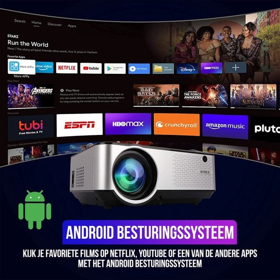 Strex Beamer ANDROID - Entrée en Full HD - 7000 Lumens - Streaming depuis votre téléphone avec WiFi - Mini projecteur - Ecran de projection 100" inclus