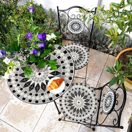 Chaises de bistrot AXI Amélie – Pliantes – Noir/blanc – Chaises de jardin pliantes en métal – Dossier haut – Lot de 2 pièces – Effet mosaïque – Incrustations de carreaux de céramique – Capacité de charge de 150 kg – Jardin, terrasse ou balcon
