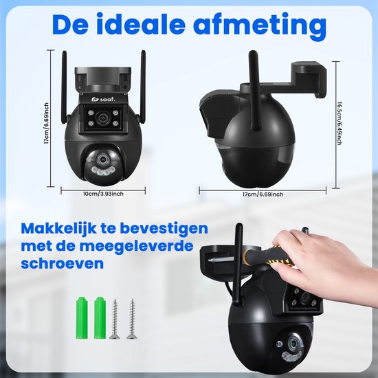 Caméra de sécurité extérieure - 2 pièces - Wifi et 256GB - Caméra extérieure avec vision nocturne - Double objectif - Noir - par Saaf